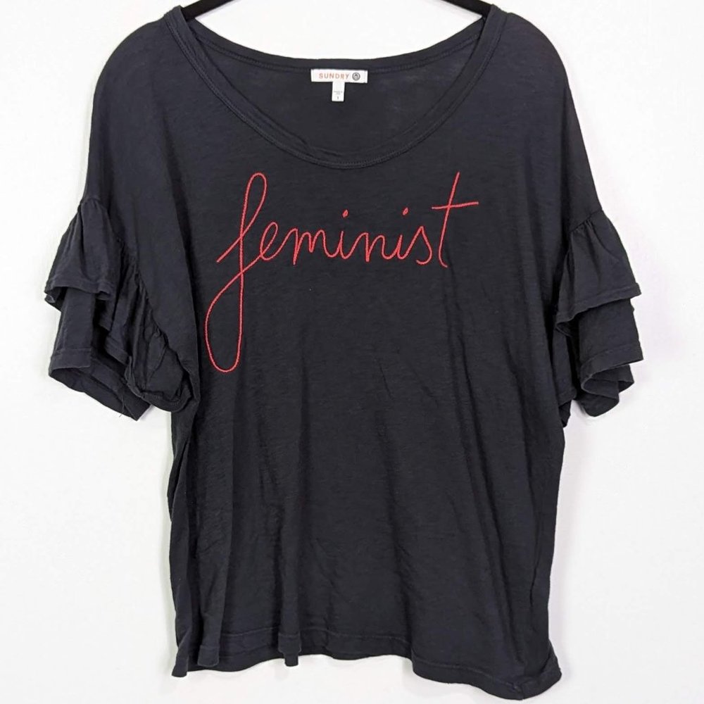 Sundry Feminist Ruffle Sleeve Cropped Length Top Size S